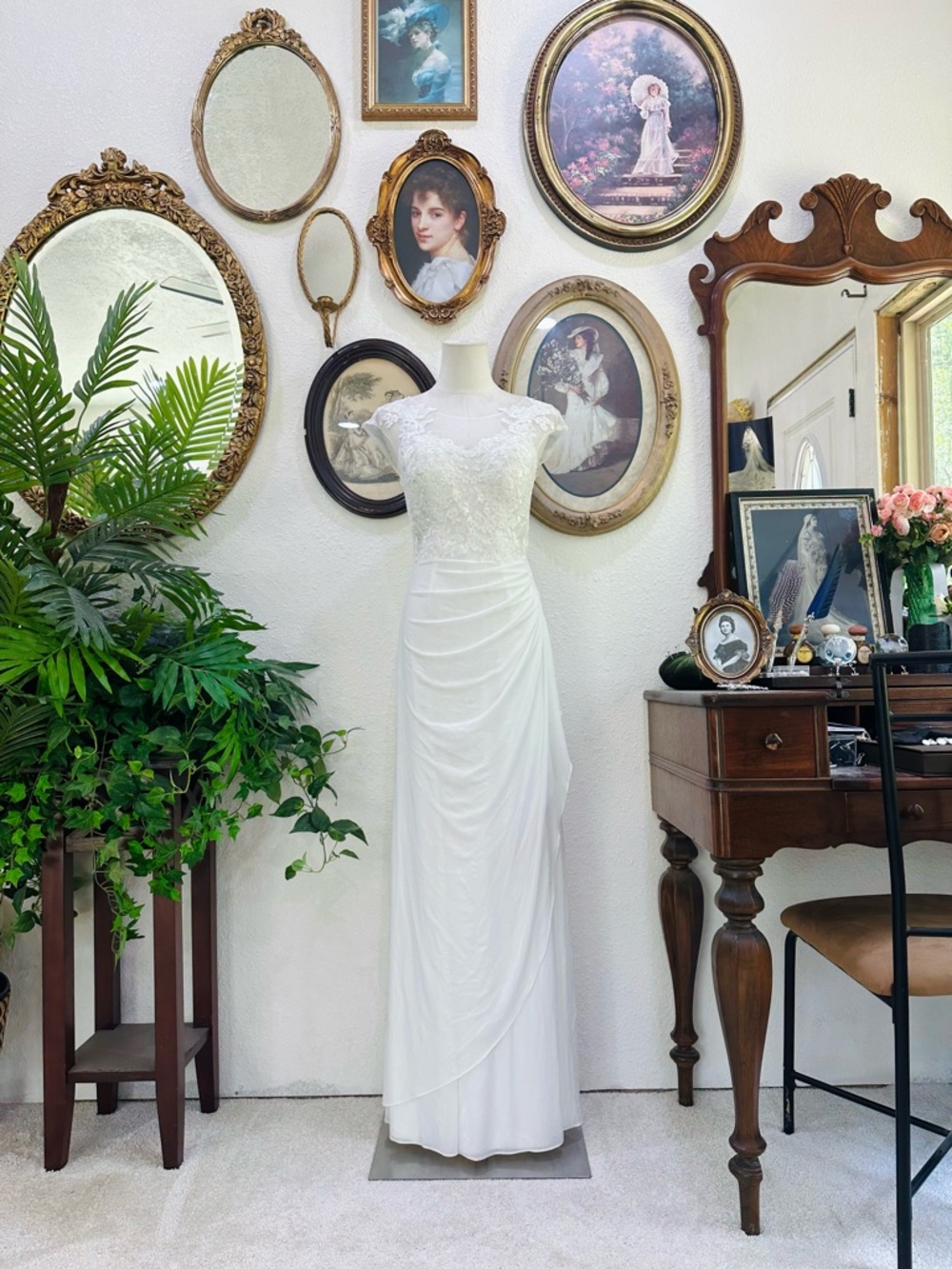 Lace Bodice Ivory Bridal Gown with Cap Sleeves